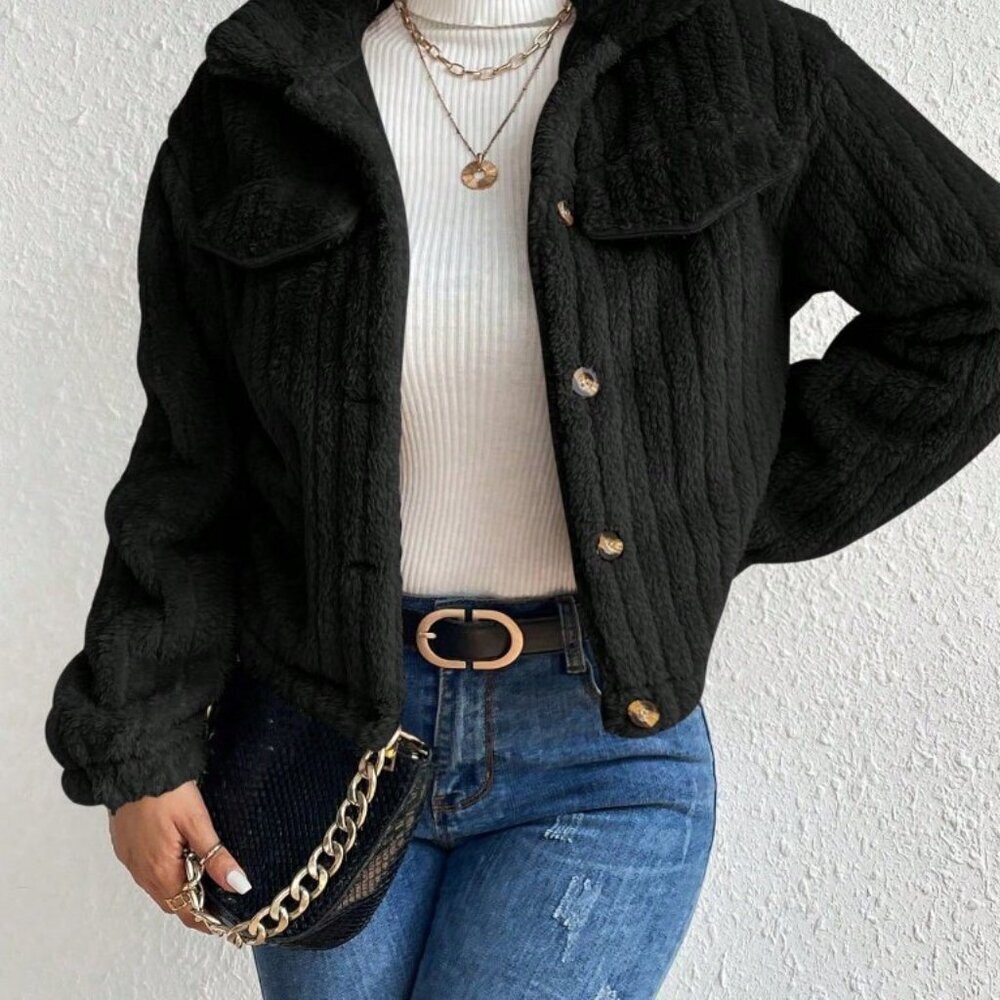 Black Casual Women's Flap Detail Button Front Flannel Jacket